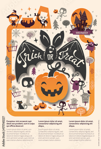 Lovely holiday Happy Halloween flyer template with funny and spooky cartoon bat, pumpkin and place for text. Vector illustration for festive party invitation, greeting card, announcement banner.