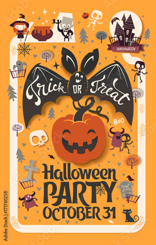 Holiday Happy Halloween flyer template with funny cartoon smiling bat with spread wings and Trick or Treat lettering carrying carved Halloween pumpkin against orange background.