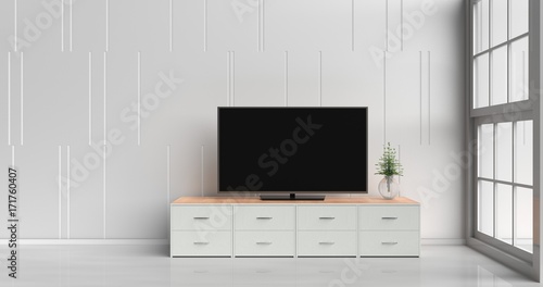 Smart tv on tv stand in white living room decorated with wood white tv stand, tree in glass vase, white cement wall it is grid pattern, white floor and light window. 3d rendering. 