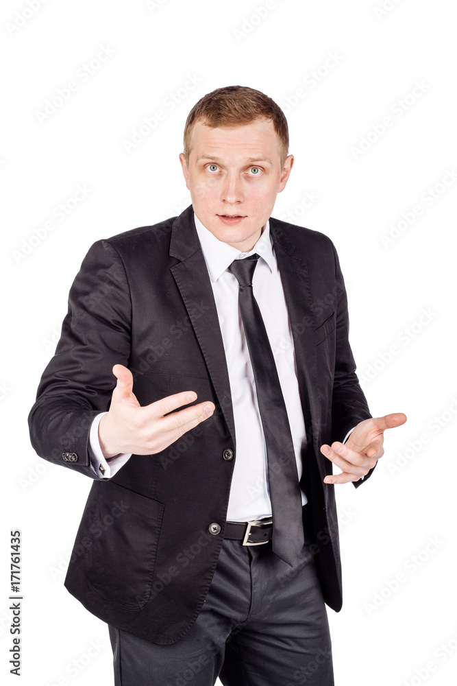 man talking during presentation and using hand gestures. man talking during presentation and using hand gestures.