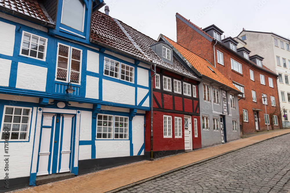 Colorful living houses. Flensburg city, Germany