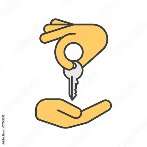 Hand giving key to another hand color icon
