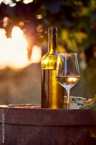 Fototapeta Naklejka Na Ścianę i Meble -  Glass of white wine and bottle with food at sunset
