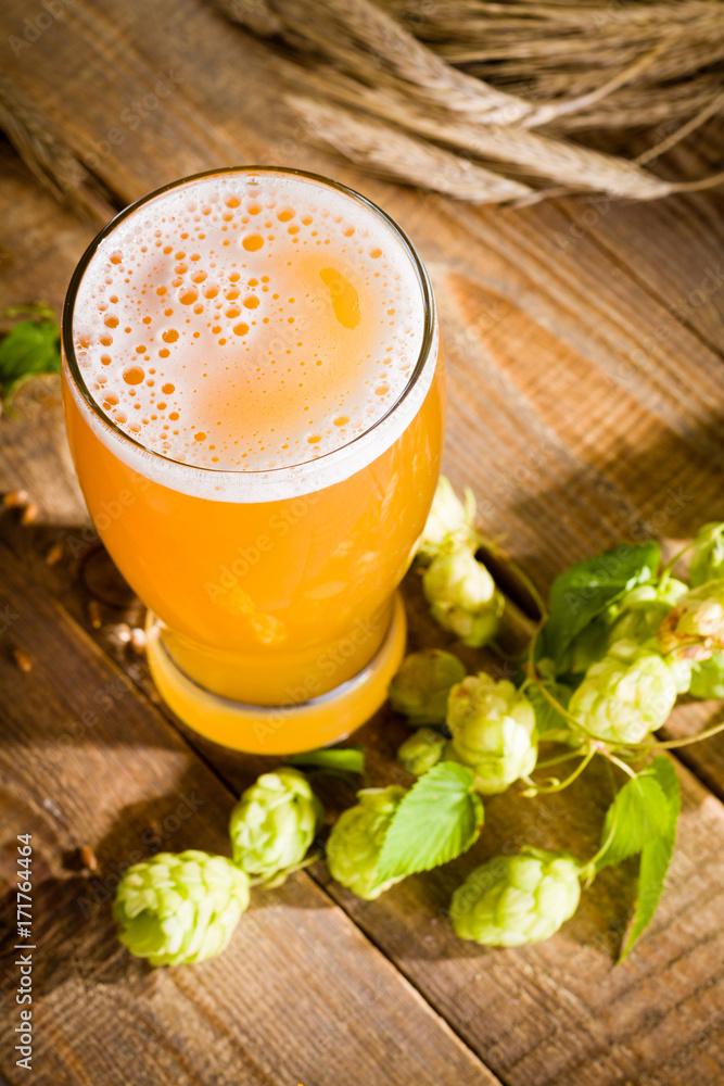 Top view on pint of beer with ingredients for homemade beer. Top view on pint of beer with ingredients for homemade beer.