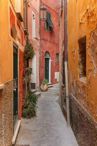 Path between old colored houses in Tellaro  a small fishing village in Italy.