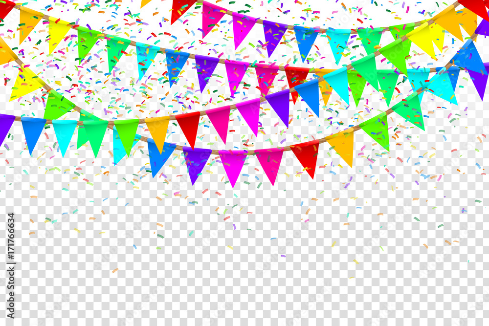 Obraz premium Vector realistic isolated party flags and confetti for decoration and covering on the transparent background. Concept of birthday, holiday and celebration.