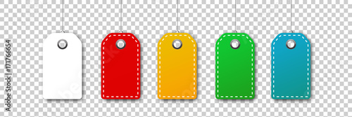 Vector set of realistic isolated colorful blank price tag coupons for decoration and covering on the transparent background. Concept of discount and sale.