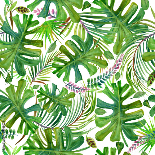 beautiful tropical nature seamless pattern. exotic floral paradise background. jungle plant and flowers. rain forest watercolor illustration. 