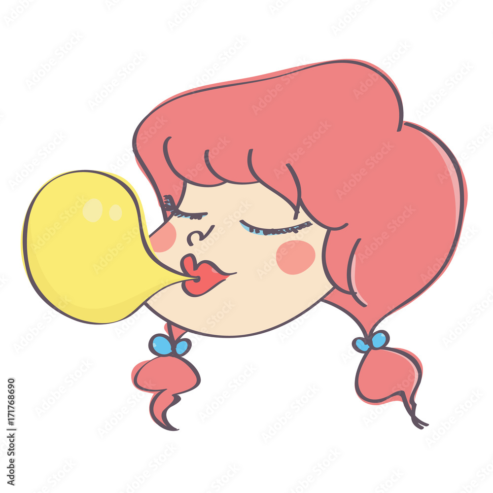 Cute girl head with pink pony tails blowing chewing gum bubble, vector  cartoon isolated on white background Stock Vector | Adobe Stock
