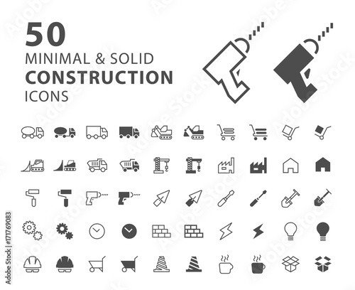 Set of 50 Construction Minimal and Solid Icons on White Background . Vector Isolated Elements