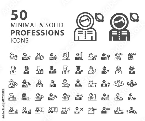 Set of 50 Professions Minimal and Solid Icons on White Background . Vector Isolated Elements