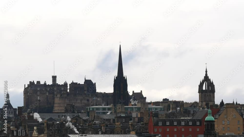 Static shot of Edinburgh's skyline, including Edinburgh Castle (left) the tower of the The Hub (middle) and St. Giles Cathedral (right), Scotland, UK Static shot of Edinburgh's skyline, including Edinburgh Castle (left) the tower of the The Hub (middle) and St. Giles Cathedral (right), Scotland, UK
