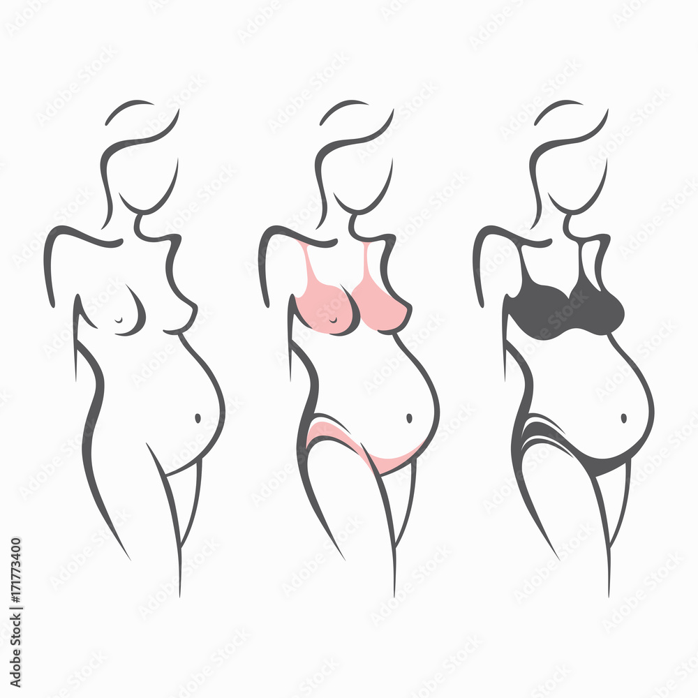 Set of drawing linear beautiful pregnant girl in dark, pink, clothes, nude figure. Birth of a child. Vector graphic illustration, draw silhouettes for design Set of drawing linear beautiful pregnant girl in dark, pink, clothes, nude figure. Birth of a child. Vector graphic illustration, draw silhouettes for design