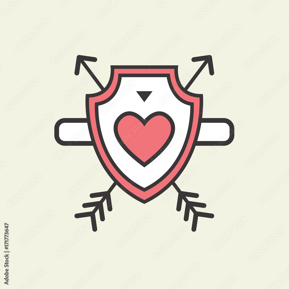 Fototapeta premium Decorative icon for Valentine's Day. Graphic romantic element Heart and arrow on a military shield. Logo love vector illustration