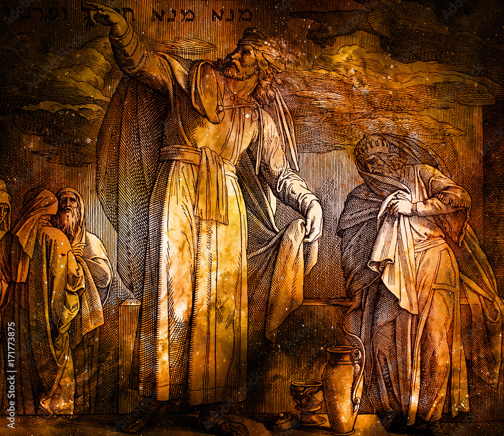 Fototapeta premium The writing on the wall, Daniel and king Belshazzar, graphic collage from engraving of Nazareene School, published in The Holy Bible, St.Vojtech Publishing, Trnava, Slovakia, 1937.
