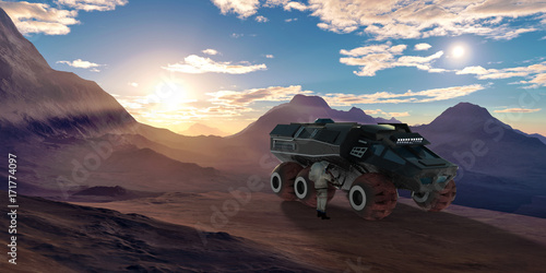 Extremely detailed and realistic high resolution 3d illustration of a Mars Rover and an Astronaut on an Earth like exoplanet with 2 suns. Elements of this image have been furnished by Nasa.