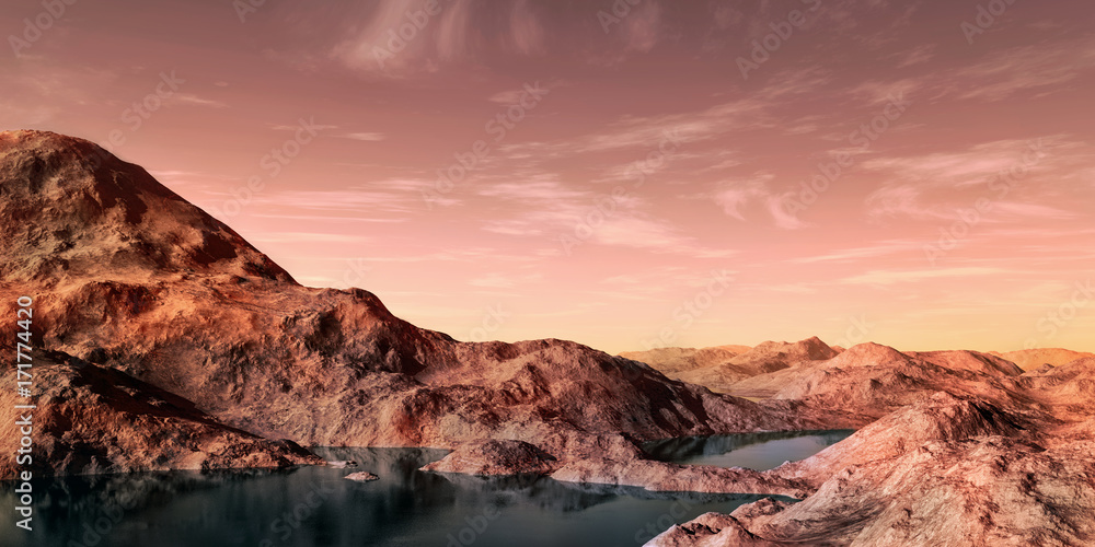 Extremely detailed and realistic high resolution 3d illustration of water on a Mars like planet.
