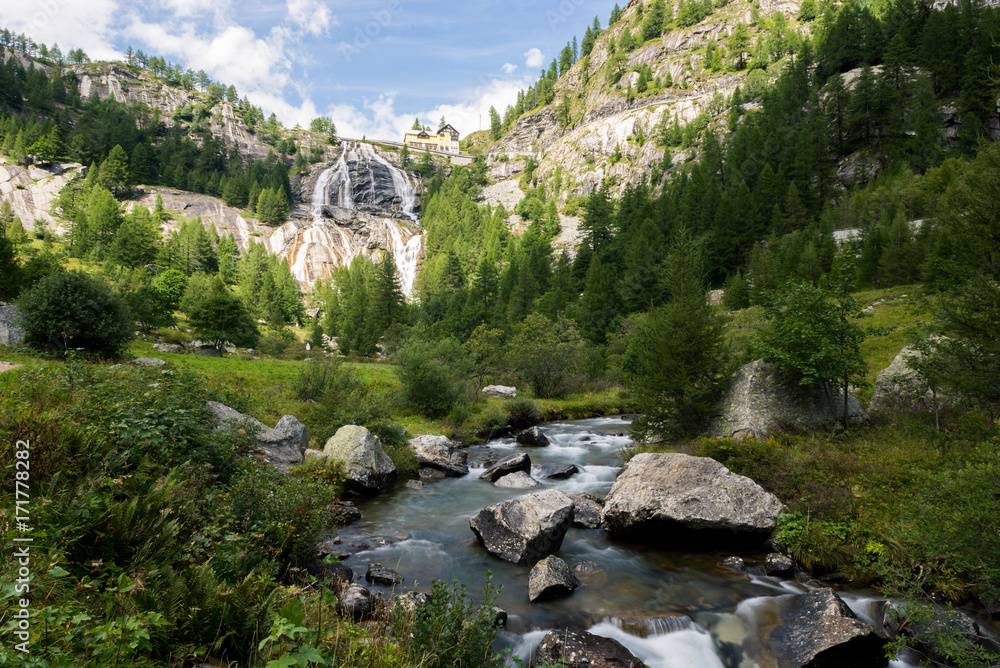 Toce waterfall landmark panorama in Italy in partly cloudy summer day outdoor. Toce waterfall landmark panorama in Italy in partly cloudy summer day outdoor.