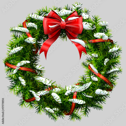 Christmas wreath with red ribbon and snow. Decorated wreath of pine branches after snowfall. Vector image for new years day, christmas, winter holiday, decoration, new years eve, design, silvester