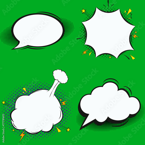 . Colorful background with speech bubbles, balloons, sound, radial, dotted and halftone effects