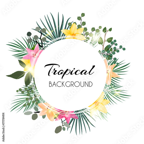 Abstract Natural Tropical Frame Background with Palm and other Leaves and Lily Flowers. Vector Illustration