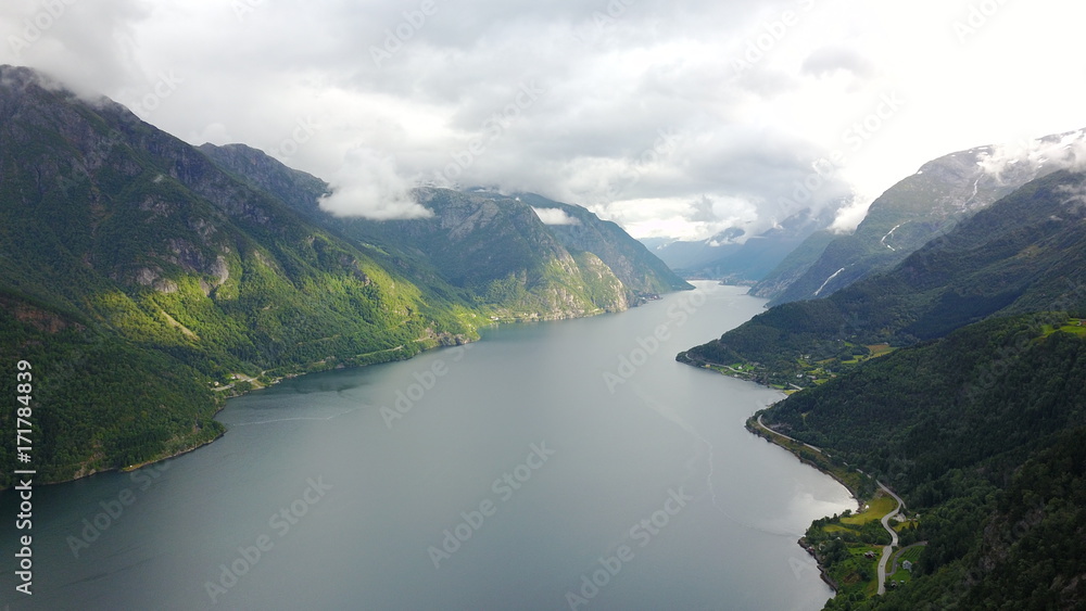 View to fjord and water from drone in Norway View to fjord and water from drone in Norway