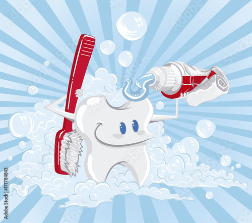 Tooth giving a shower with a toothbrush, and a toothpaste. Foam and lines in the background.