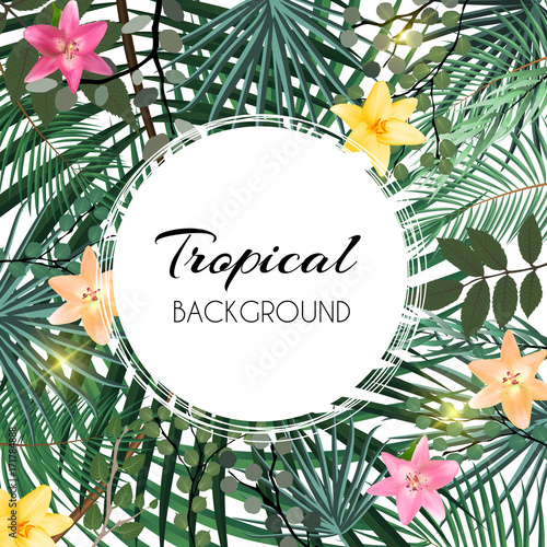 Abstract Natural Tropical Frame Background with Palm and other Leaves and Lil...