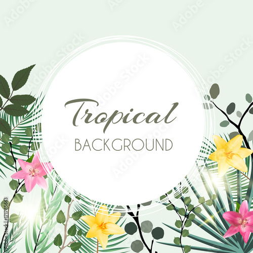 Abstract Natural Tropical Frame Background with Palm and other Leaves and Lil...