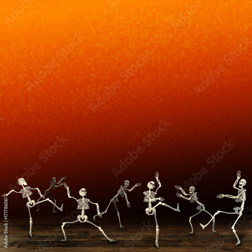Halloween skeletons. Disco. Orange background.