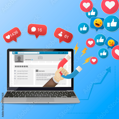 colorful vector illustration concept for digital marketing, social campaign, engaging with followers isolated on bright background