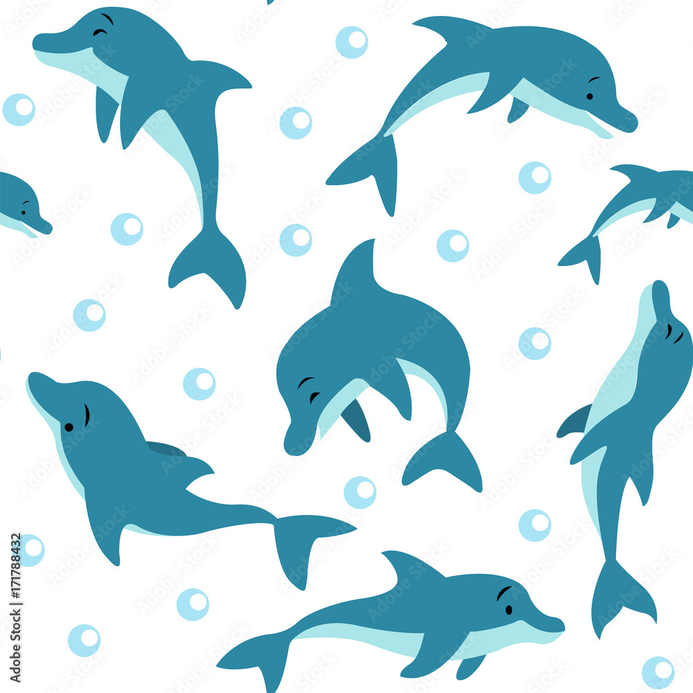 Obraz premium Seamless pattern with floating and dolphins playing in the water, air bubbles on a white background