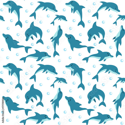 Fototapeta Seamless pattern with floating and dolphins playing in the water.