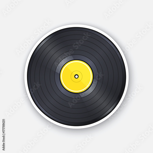 Vector illustration. Retro vinyl LP record with yellow label. Analog media for listening to mono or stereo music. Vintage plastic audio disc. Sticker with contour. Isolated on white background