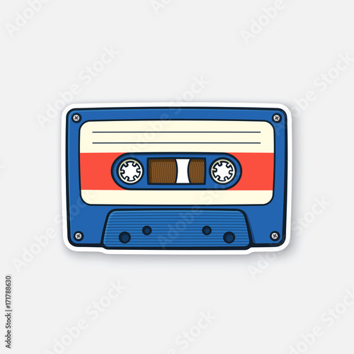 Vector illustration. Retro audio cassette. Analog media for recording and listening to stereo music. Old-fashioned tape cassette. Sticker in cartoon style with contour. Isolated on white background