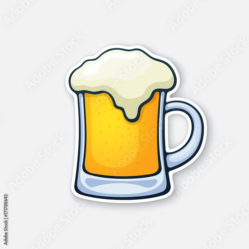 Vector illustration. A mug of beer with foam. Glass of alcohol drink. Classic foam drink of pubs and bars. Sticker in cartoon style with contour. Isolated on white background
