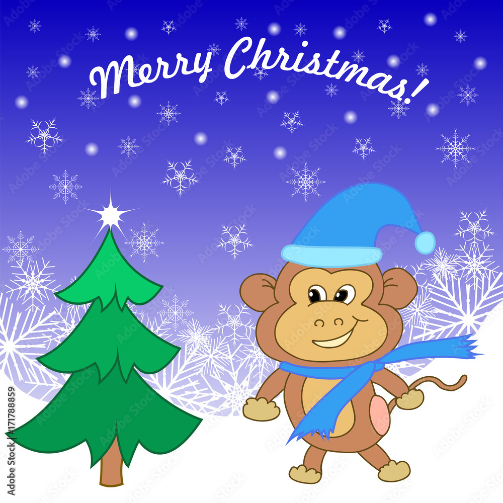 Christmas card with a monkey in a cap and green spruce winter background, 