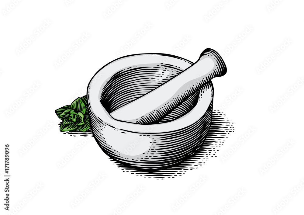 Mortar bowl and pestle with herb - obrazy, fototapety, plakaty 