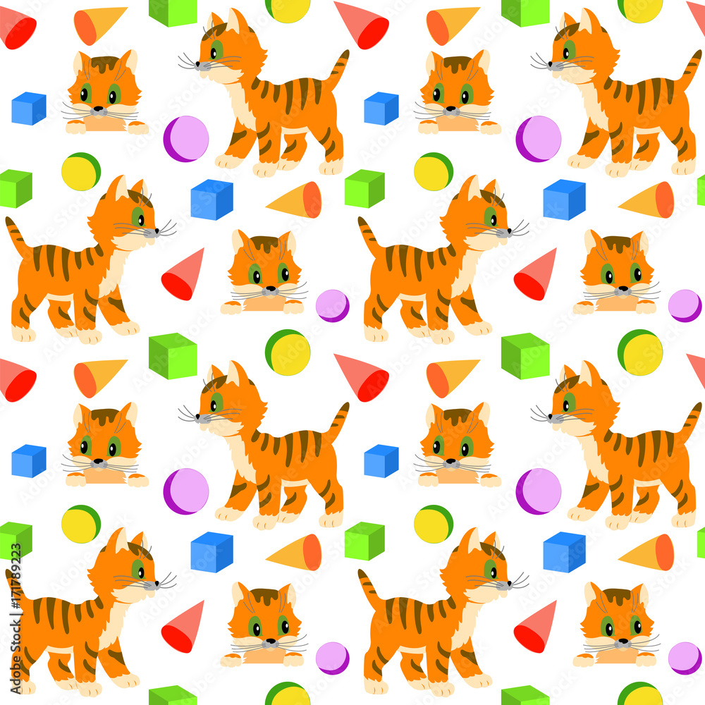 Fototapeta premium Seamless pattern with a kitten and toys for children on a white background, picture peeping kitten faces, scattered toys, cat walking.