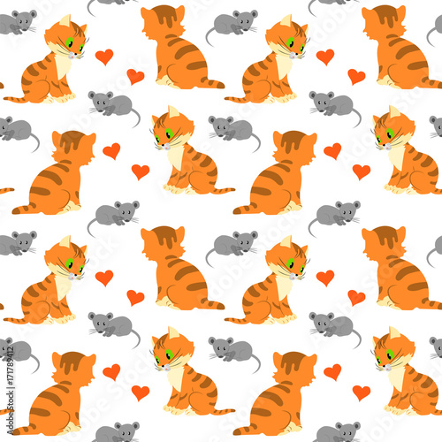 Fototapeta Naklejka Na Ścianę i Meble -  Seamless pattern with cats and mouse on a white background, drawing hearts and relationships of cat and mouse.