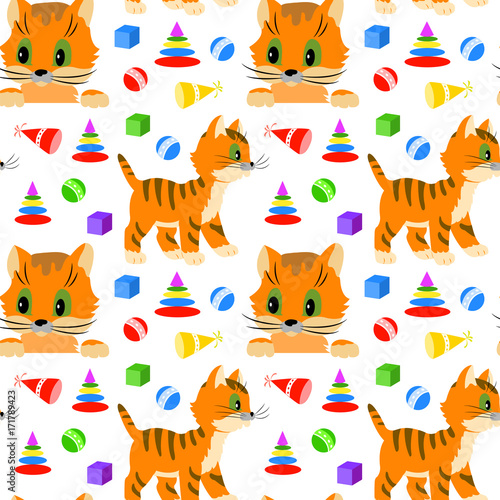  seamless pattern with cats and toys  picture peeping muzzle kitten walking cat and scattered toys