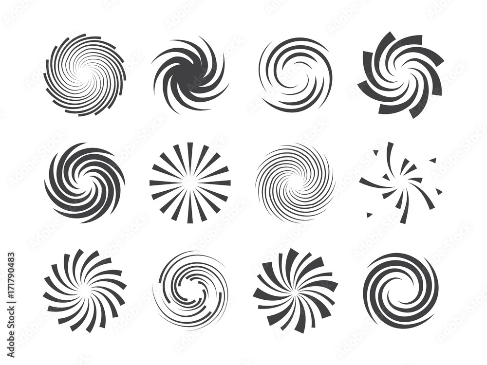 Spiral and swirl motion twisting circles design element set Spiral and swirl motion twisting circles design element set