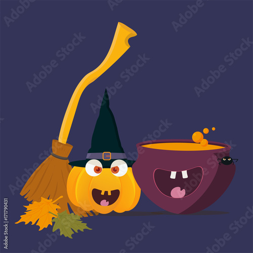 Cartoon styled Vector illustration: happy Witch Cauldron with Magic Boiling Soup or potion and Halloween Pumpkin or Squash with witch broom or besom. Place or Space for halloween greeting text or copy