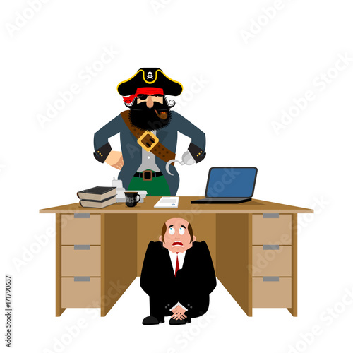 Businessman scared under table of pirate.  To hide from robbery. frightened business man under work board. filibuster brigandage. Boss fear office desk. Vector illustration