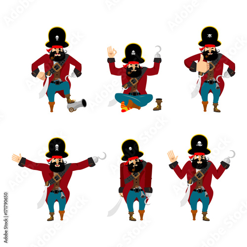 Pirate set poses and motion. filibuster happy and yoga.  buccaneer sleeping and angry. rover guilty and sad. Vector illustration