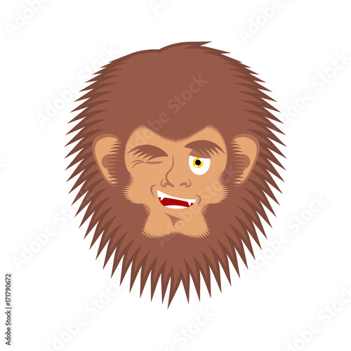 Bigfoot winks emoji. Yeti joyful emotion face. Abominable snowman cheerful avatar. Vector illustration