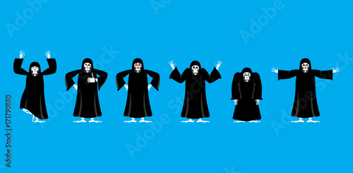 Grim reaper set poses and motion. death happy and yoga. skeleton in black cloak sleeping and angry. guilty and sad. Vector illustration
