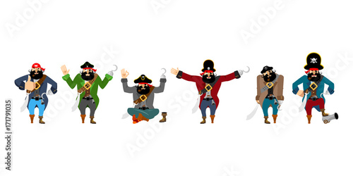 Fototapeta Naklejka Na Ścianę i Meble -  Pirate set poses and motion. filibuster happy and yoga.  buccaneer sleeping and angry. rover guilty and sad. Vector illustration