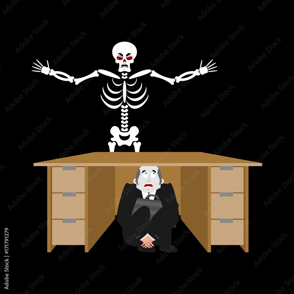 Businessman scared under table of skeleton. frightened business man under  work board. does not want to die. Boss fear office desk. To hide from death.  Vector illustration Stock Vector | Adobe Stock