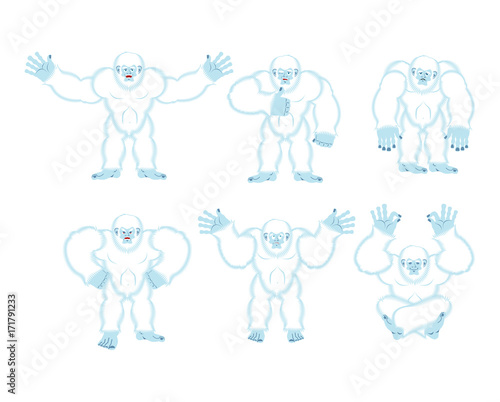 Yeti set poses and motion. Bigfoot happy and yoga. Abominable snowman sleeping and angry. Monster guilty and sad. Vector illustration